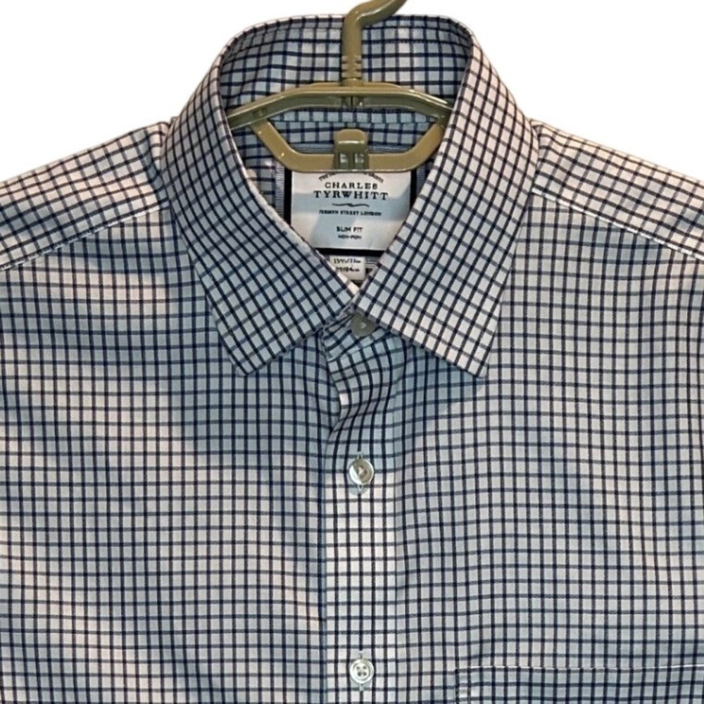 Charles Tyrwhitt Dress Shirt 15.5/33 Men's White Navy Blue Slim Fit Check